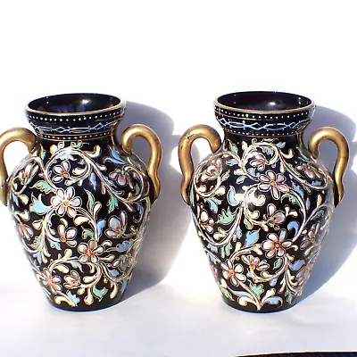 Buy Pair Antique Bohemian Moser Harrach Black Enamel Glass Vases • 99.95£