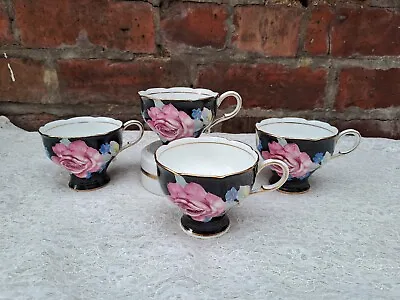 Buy 4 X Paragon Large Cabbage Rose On Black Background Tea Cups • 45£