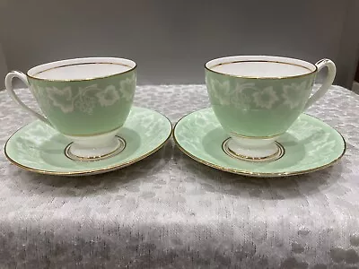 Buy Vintage English Bone China Demi Tasse Cups & Saucers X 2 Green & White VGC • 8.99£