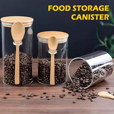 Buy Glass Jar Containers With Airtight Bamboo Lid And Spoon Food Storage Glass ~ • 8£