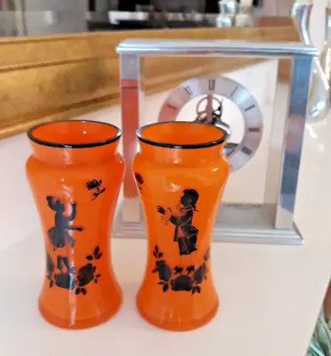 Buy 2 Vintage 1930s Bohemian Czech Orange Tango Glass Vases Silhouette Cameo  • 24.95£