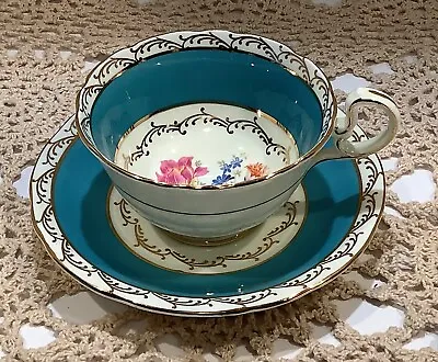 Buy Vintage Aynsley Turquoise Blue & Floral Tea Cup And Saucer With Gold Trim • 30.65£
