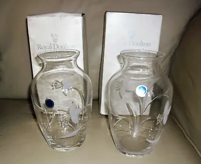 Buy A Pair Royal Doulton Finest Crystal Hand Cut 20cm Vases. Flower Design. Boxed • 26£