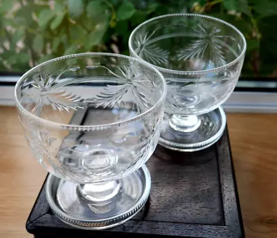 Buy 2 Art Nouveau  Crystal Desert Glasses Styalised Foliage & Ribbon Pattern • 20£