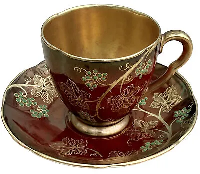 Buy Rare Vintage CARLTON WARE Lustre Enamel Red & Gold Hand Painted CUP AND SAUCER • 43.50£