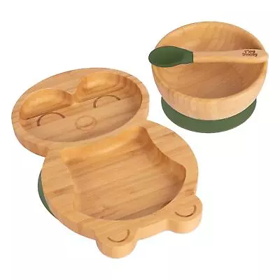 Buy 3pc Tiny Dining Olive Green Penguin Bamboo Suction Dinner Set Plate Bowl Spoon • 24£