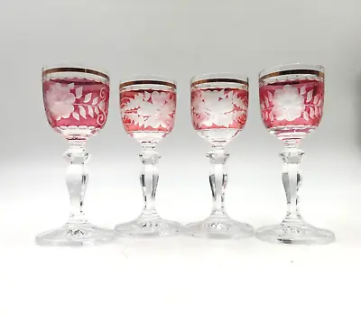 Buy Vintage Cranberry Glass Crystal Liquor Glasses Etched Flowers Small Size X 4 • 19.50£
