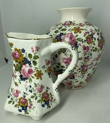 Buy Vintage Fenton English Bone China Hexagon Jugs & Matching Vase Floral Display • 30£