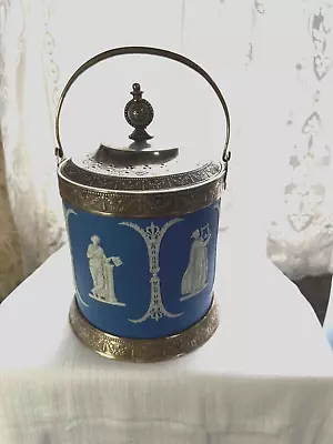 Buy Antique Wedgewood Jasperware Biscuit Barrel With Silver Plated Top And Base. • 49.99£