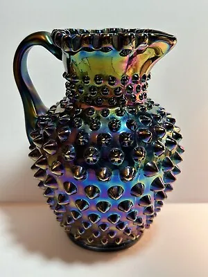 Buy Rare Vintage Fenton Black Amethyst Carnival Glass Hobnail Ruffled Pitcher Vase • 174.82£