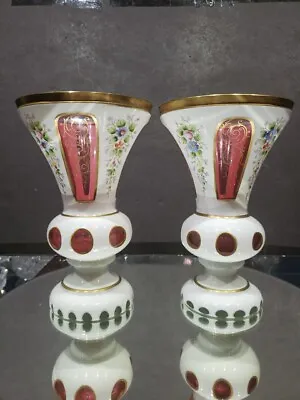 Buy PAIR Of  8  MANTLE VASES White Cranberry Overlay Cut Glass Antique Bohemian Gold • 90.24£