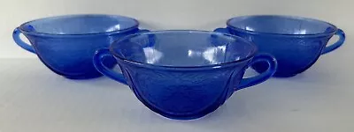 Buy Hazel Atlas Royal Lace Cobalt Blue Handled Cream Soup Bowls (3) Depression Glass • 42.63£