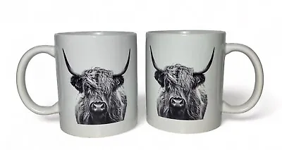 Buy Set Of 2 Scottish Highland Cow Ceramic Mugs - Mint Condition - Black On White • 14.38£
