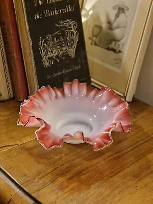 Buy Antique Victorian Cranberry Pink Opaline Glass Enamel Ruffle Bride Basket Bowl • 29.99£