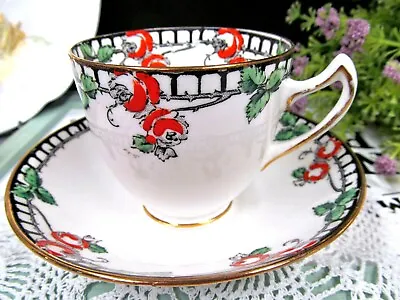 Buy DELPHINE Tea Cup And Saucer Painted Roses Trillis Pattern Teacup Crown China 20s • 28.35£