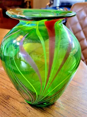 Buy Hand  Blown Art Glass Vase Green With Brown Yellow Stripes, 5.75 In • 28.34£