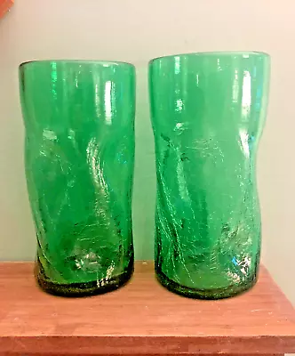 Buy Set Of 2 Blenko Tumblers Green Pinched Dimple Crackle Glasses 5.5” • 43.04£