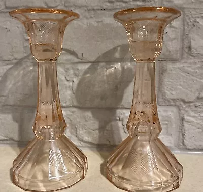 Buy 2 VINTAGE PINK PRESSED GLASS CANDLE STICK HOLDERS 15 Cms High Exc Condition • 13£