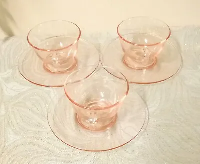 Buy Set Of Three Pink Depression Glass Teacups And Saucers  • 48.11£