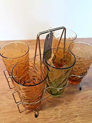 Buy Vintage  1960's/70's Textured Drinking Glasses Set & Wire Rack With Handle • 18.50£