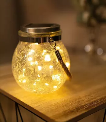 Buy Solar Hanging Lantern LED Crackle Glass Jar Garden Light Firefly Effect Rope • 9.99£