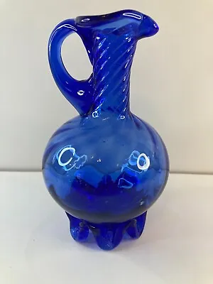 Buy Art Glass Hand Blown Cobalt Blue 5.5  Pitcher Vase Spiral W/Applied Handle • 23.97£