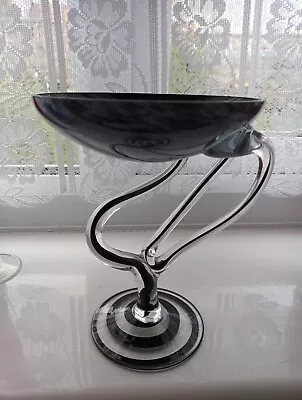 Buy Krosno Poland Art Deco Black White Swirl Glass 3 Stem Pedestal Compote Or Bowl • 22£