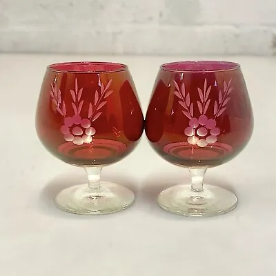 Buy X2 Ruby/Cranberry Brandy Glasses Cut To Clear & Etched 4” - Vintage VGC • 12.99£