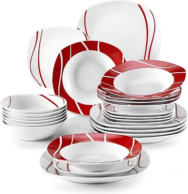 Buy 24pc Dinner Set Complete Dinnerware Porcelain Crockery Service For 6 White/Red • 94.99£