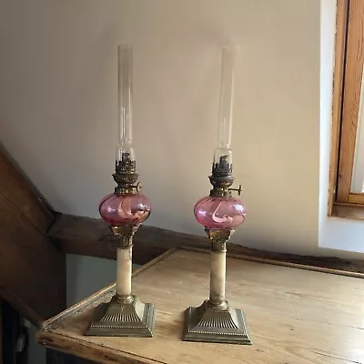 Buy Antique Cranberry Glass Oil Lamp Pair • 400£