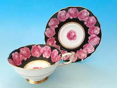 Buy Very Rare Paragon Floating Rose Cup & Saucer, Pink Roses On Black Ground • 170£