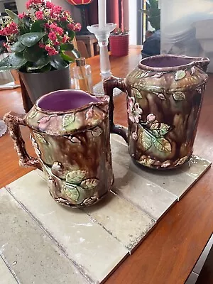 Buy Antique Majolica Pottery Wild Pink Rose On Brown Tree Bark Pitcher Jug 1880's • 150£