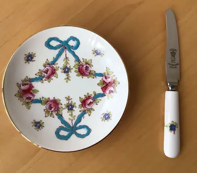 Buy Fine Bone China CROWN Staffordshire England Mini Butter Dish Plate & Knife • 89.99£