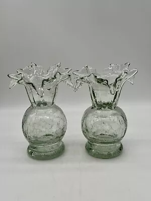 Buy Vintage Pair Of Clear Crackle Glass Vases With Ruffled Edges No Marks  • 56.83£