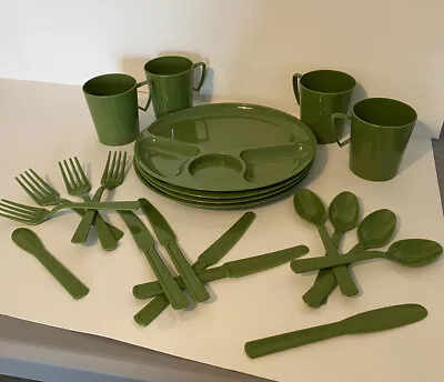 Buy Vintage Avocado Green Plastic Dinnerware Picnic Camping 22 Pieces 60s/70s • 18.97£