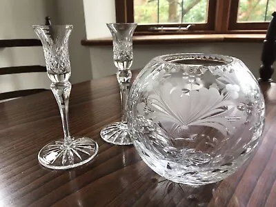 Buy Royal Brierley Lead Crystal Heavy Decorative Vase & Pair Cut Glass Candlesticks • 20£
