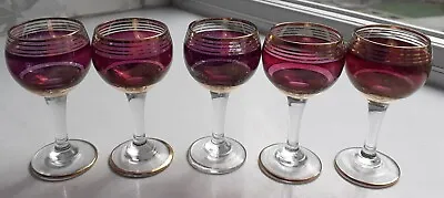 Buy 5 Vintage Rounded Cranberry & Gold Aperitif Liqueur Glasses Please See Pictures • 11.99£