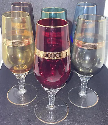 Buy Vintage~Champagne Flute Glasses~Multicolored~”Bohemian”~Gold Band~Gold Trim~(6) • 57.85£