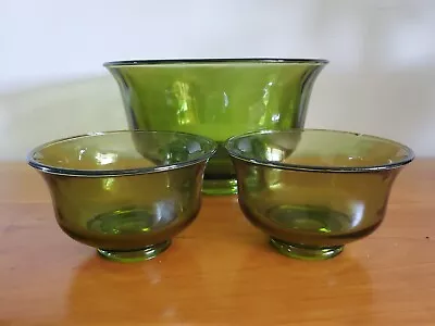 Buy Vintage MCM Avocado Green Glass Fruit Bowl Trifle (3) Set • 17.37£