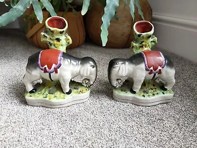 Buy Pair Of Staffordshire Pottery,  Elephant Spill Vase Circa 1850 Red Green Yellow  • 129.99£
