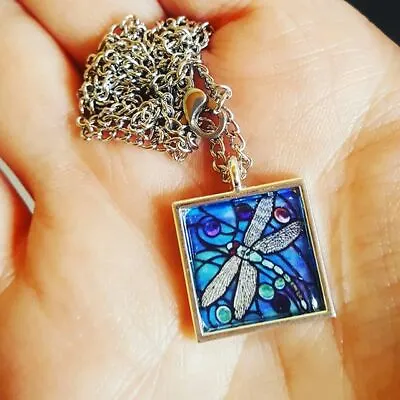 Buy Unique DRAGONFLY NECKLACE Blue STAINED GLASS Turquoise HANDMADE Insect NATURE • 6.99£