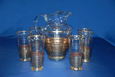 Buy Antique Gold Trimmed Heavy Clear Glass Pitcher With Six Matching Tumblers • 47.43£
