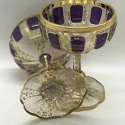 Buy Antique 1910 MOSER Gold & Amethyst Cabochon  Panels Pair Champagne Goblets • 264.09£