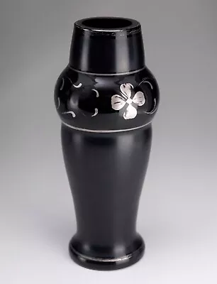 Buy Antique Bohemian Black Glass Vase Hand Painted Silver Decoration Deep Cobalt • 28.60£