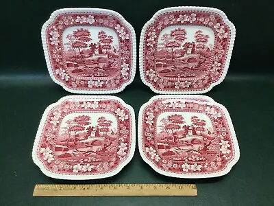 Buy Set Of 4 Copeland Spode's Tower Pink 8-1/4  Square Salad Plates Old Mark Crazing • 81.64£