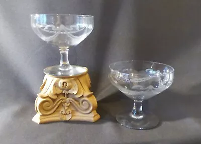 Buy Pair Art Deco Champagne Glasses Etched Swags Bows & Stars C1930's • 25£