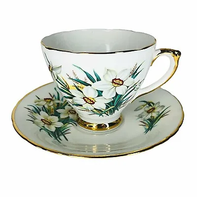 Buy Royal Trent Fine Bone China Footed Tea Cup And Saucer White Daffodil Gold VTG • 19.85£