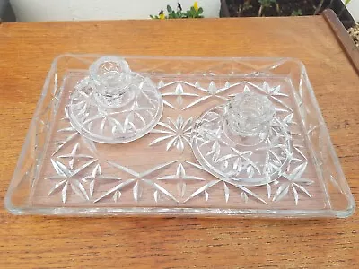Buy Art Deco Era Pressed Glass Dressing Table 3 Piece Set Pair Candle Holders & Tray • 20£