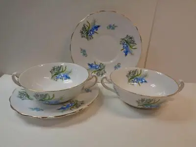 Buy Vintage Melba Bone China England 2 Double Handled Soup Bowls W Saucer BLUEBELL • 29.67£
