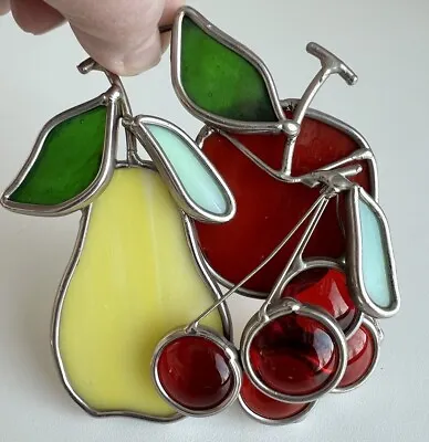 Buy Vintage Stained Glass Pear Apple Cherries Fruit 4.25” Window Ornament Suncatcher • 26.56£